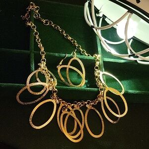 Oval Gold Tone & Diamond Faux Accented Set 16" +3" Necklace & 1" Earrings